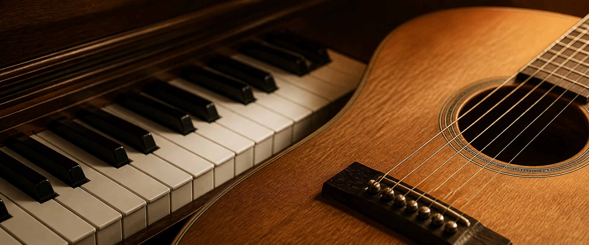 Piano keys beside the body and strings of an acoustic guitar
